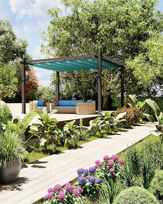 Garvee 10x13 Ft Aluminum Pergola with Retractable Canopy Metal Gazebo for Modern Backyard Deck Porch Grape Trellis(Blue)