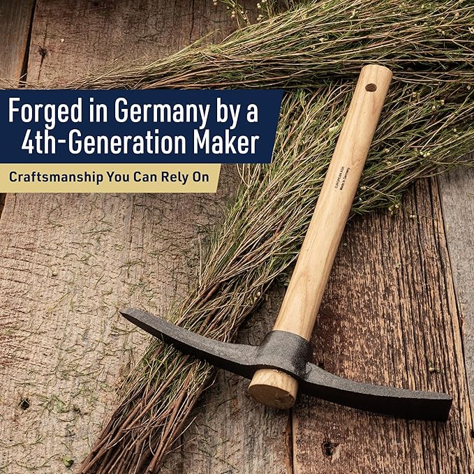 16” Hand Pick Axe - Forged Steel Pickaxe for Digging, Loosening Soil, or Weeding Tool - Dual Headed Adze Garden Hoe and Pick Mattock Digging Tool with Wood Handle by Kings County Tools