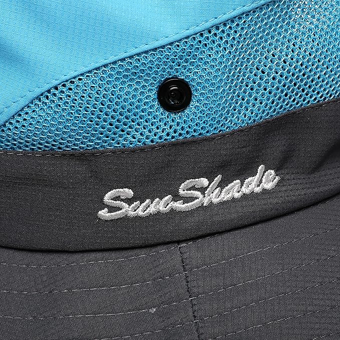 Womens Summer Sun Hat Beach Hat Wide Brim Outdoor UV Protection Hat Foldable Cool Mesh Ponytail Bucket Hat