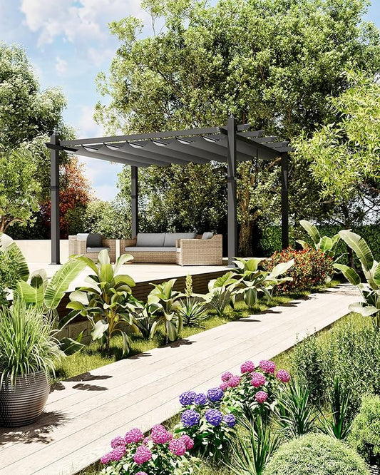 Garvee 10x13 Ft Aluminum Pergola with Retractable Canopy Metal Gazebo for Modern Backyard Deck Porch Grape Trellis(Gray)