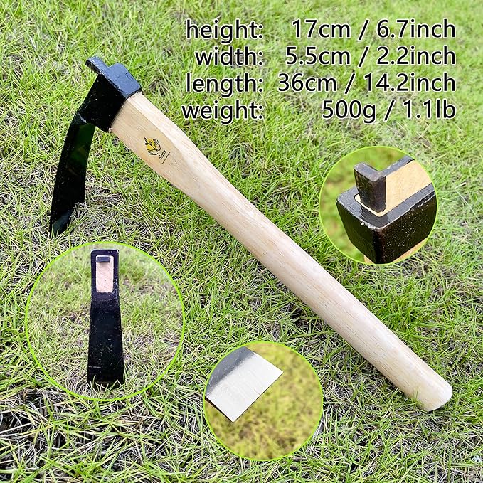 14 Inch Heavy Duty Narrow Hoe, Without Welding, Japanese Carbon Steel with Oak Wooden Handle, Garden Tool for Digging, Weeding, and Planting