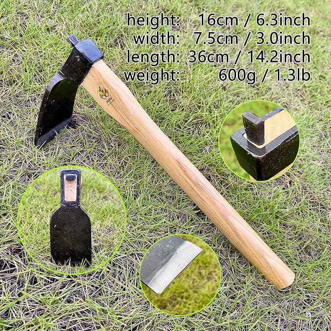 14 Inch Heavy Duty Curved Hoe, Without Welding, Gardening Tool, Oak Handle, for Digging, Weeding, and Planting