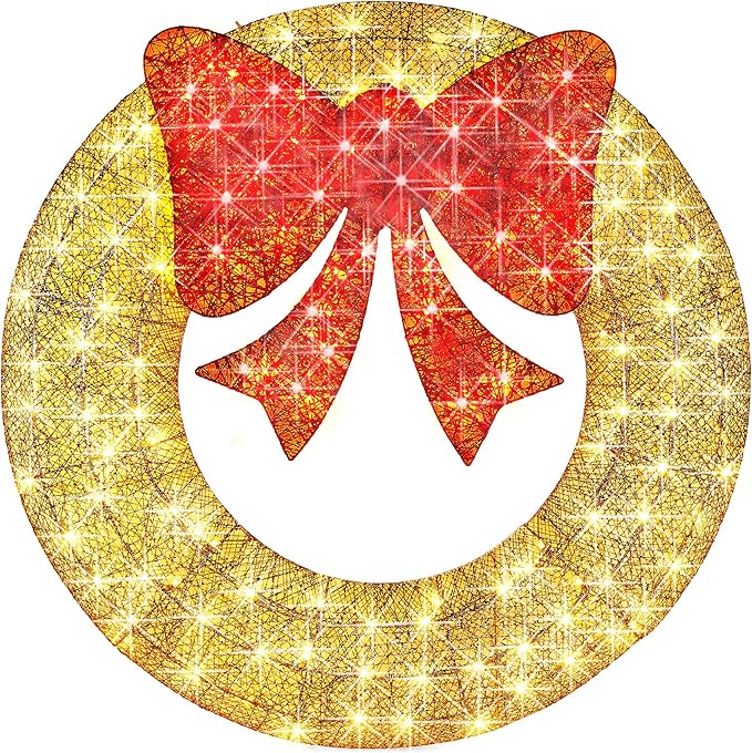 Best Choice Products 48in Pre-Lit Outdoor Christmas Wreath Decoration, LED Metal Holiday Decor for Home w/ 140 Lights, Bow - Gold/Red