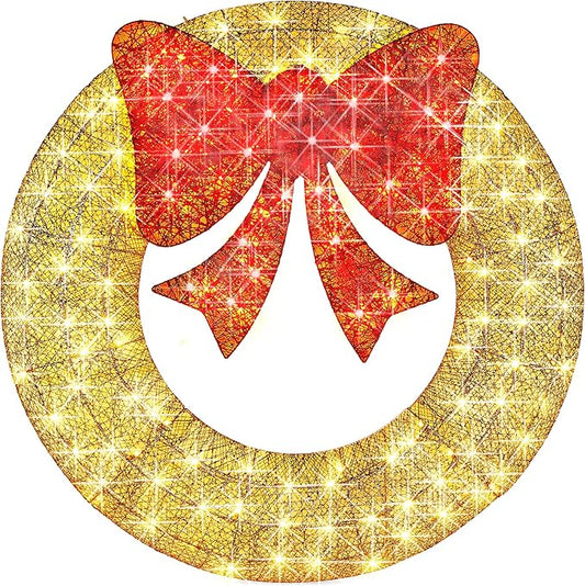 Best Choice Products 48in Pre-Lit Outdoor Christmas Wreath Decoration, LED Metal Holiday Decor for Home w/ 140 Lights, Bow - Gold/Red