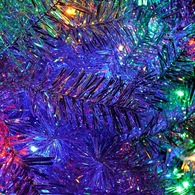 6FT Silver Pre-Lit Artificial Christmas Tree with Lights, Hinged Full Xmas Tree with 800 Branch Tips & 300 Multi-Color LED Lights, 11 Lighting Modes, Metal Stand, Indoor Outdoor Decorations